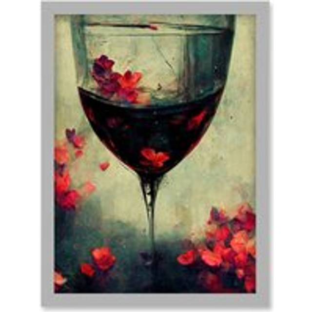 Red Wine Glass And Pink Flowers Watercolour Artwork Framed Wall Art Print A4 - Grey - One Size