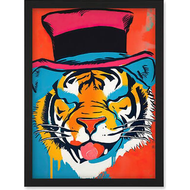 Tiger Head Wearing Pink Top Hat Modern Pop Art Artwork Framed Wall Art Print A4 - Black - One Size