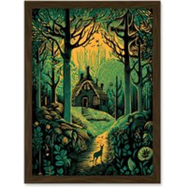 Cabin Hut in the Forest Green and Orange Linocut Artwork Framed Wall Art Print A4 - Brown - One Size