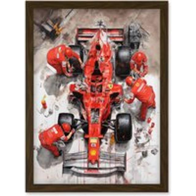 Grand Prix Race Car Wheel Change Aerial Shot Artwork Framed Wall Art Print A4 - Brown - One Size