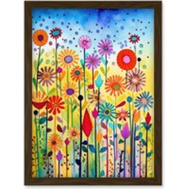 Tall Mixed Flowers Folk Art Watercolour Painting Artwork Framed Wall Art Print A4 - Brown - One Size