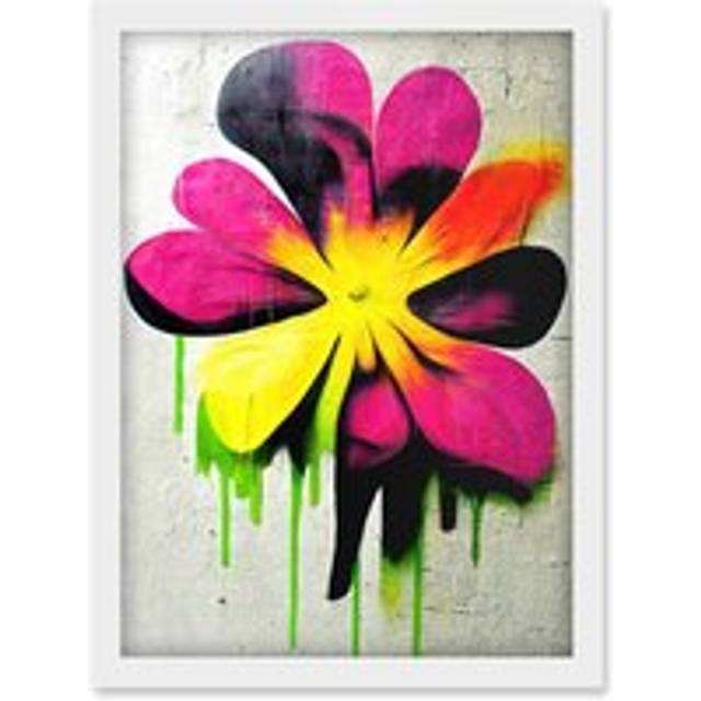 Vibrant Street Art Graffiti Spray Paint Flower On Wall Artwork Framed Wall Art Print A4 - White - One Size