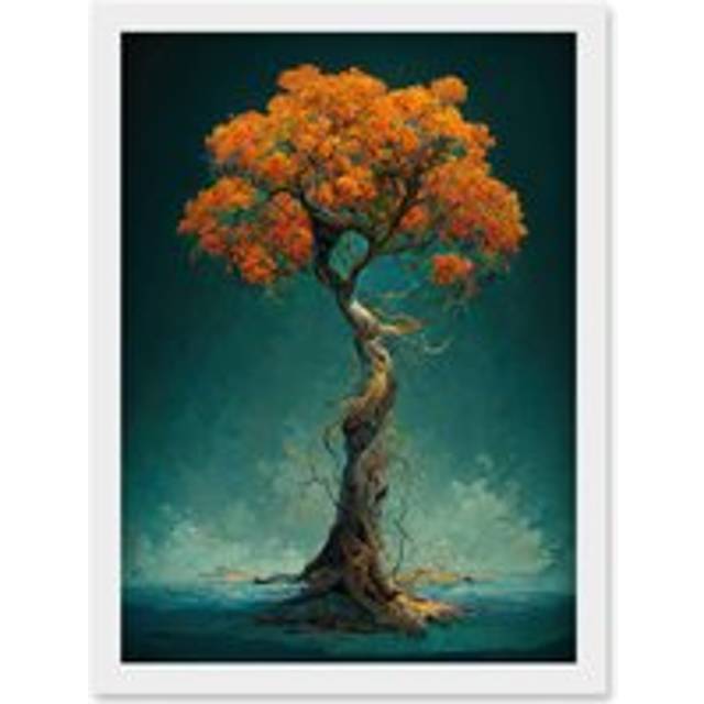 Elegant Ancient Lone Autumn Fall Tree On Teal Artwork Framed Wall Art Print A4 - White - One Size