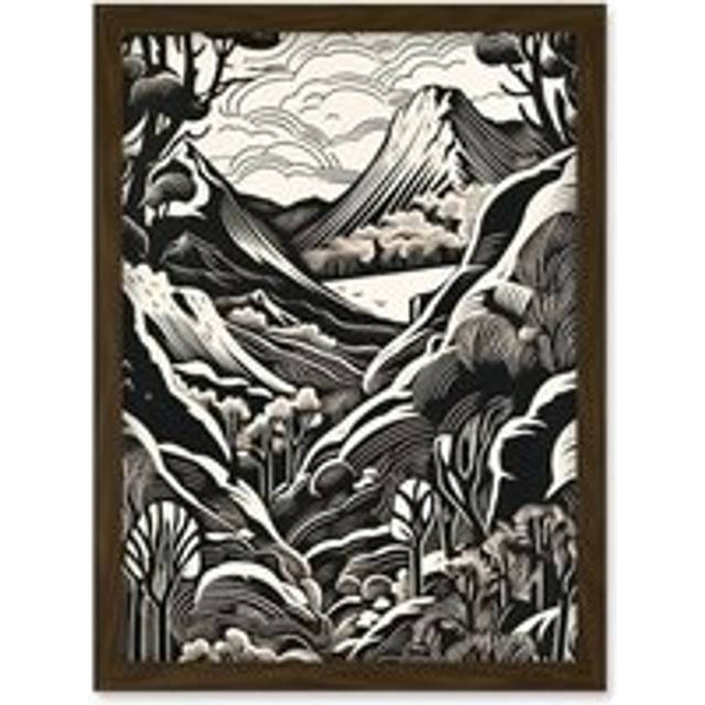 Forest Mountain Landscape Black and White Linocut Artwork Framed Wall Art Print A4 - Brown - One Size