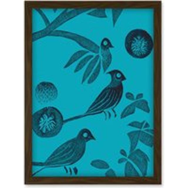 Linocut Vintage Blue Birds Jungle Pattern Illustration Teal Artwork Framed Wall Art Print A4 - Brown - One Size