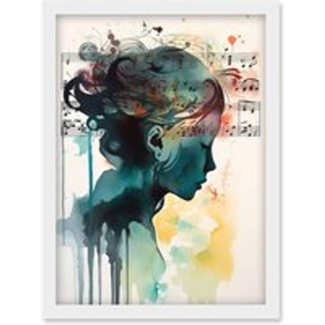 Music on my Mind Singing in my Head Modern Portrait Watercolour Illustration Artwork Framed Wall Art Print A4 - White - One Size