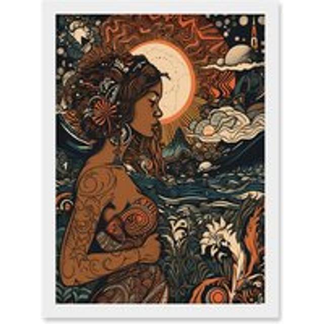 Gaia Mother Nature Modern Art Nouveau Folk Art Artwork Framed Wall Art Print A4 - White - One Size