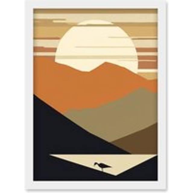 Lakeside Mountain Sunset Boho Minimalism Landscape Artwork Framed Wall Art Print A4 - White - One Size