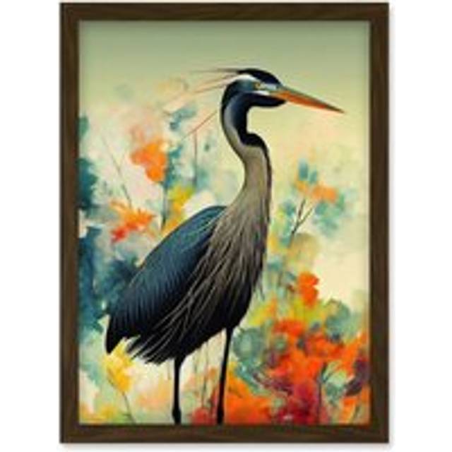 Heron Bird in Abstract Flower Field Colourful Teal Orange Navy Illustration Artwork Framed Wall Art Print A4 - Brown - One Size