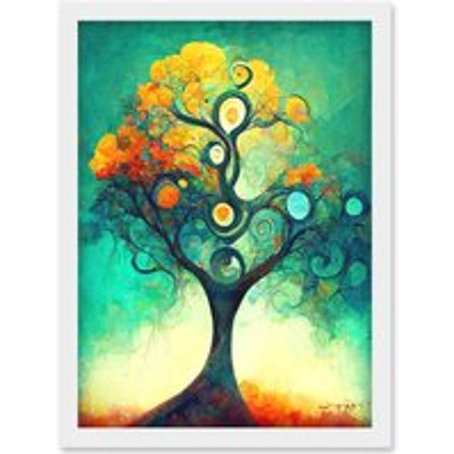 Klimt Inspired Luminous Abstract Autumn Fall Tree Artwork Framed Wall Art Print A4 - White - One Size