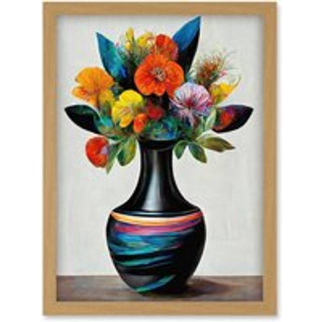 Exotic Vibrant Flower Bouquet In Black Decorated Vase Artwork Framed Wall Art Print A4 - Tan - One Size