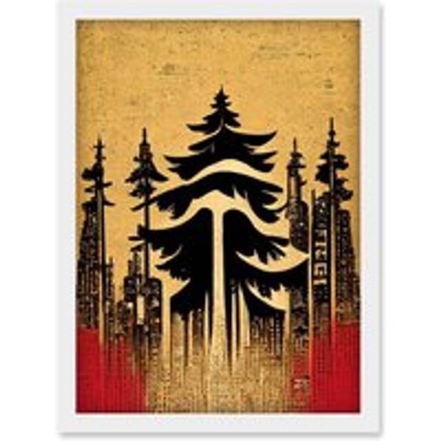 Japan Woodblock Pine Trees Red Black Vintage Artwork Framed Wall Art Print A4 - White - One Size
