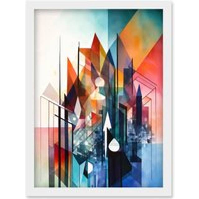 Fractal Light Shapes Low Polygon Abstract Rainbow Modern Watercolour Painting Artwork Framed Wall Art Print A4 - White - One Size