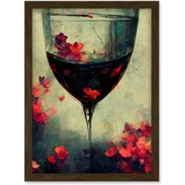 Red Wine Glass And Pink Flowers Watercolour Artwork Framed Wall Art Print A4 - Brown - One Size