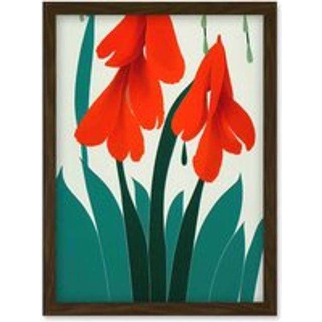 Modern Abstract Crimson Red Bloom Wild Flowers Teal Leaves on White Artwork Framed Wall Art Print A4 - Brown - One Size