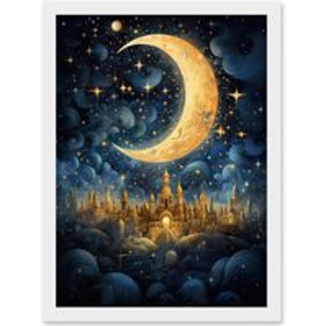 Wall Art Print Golden City in the Clouds Surreal Artwork Blue Gold Crescent Moon Starry Night Fairytale Artwork Framed A4 - White