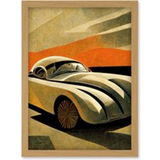 Art Deco Vintage Sports Car Sunset Illustration Artwork Framed Wall Art Print A4 - Tan - One Size
