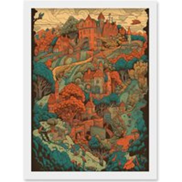 Village in Forest Coral and Teal Blue Illustration Artwork Framed Wall Art Print A4 - White - One Size