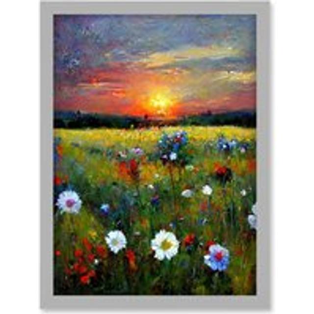 Wildflower Floral Landscape Sunrise Oil Artwork Framed Wall Art Print A4 - Grey - One Size