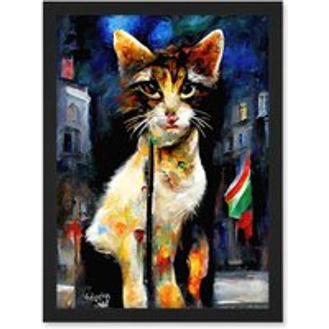Cute Italian Street Cat Striking Pose Abstract Artwork Framed Wall Art Print A4 - Black - One Size