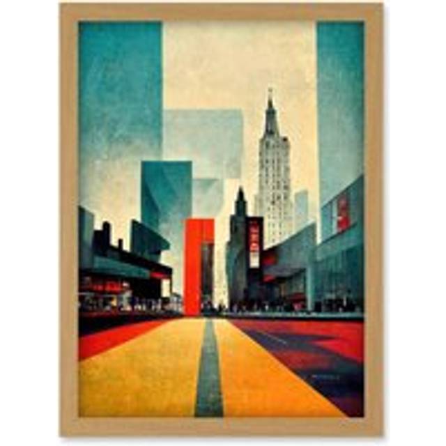 Broadway New York City Street Modern Cityscape Artwork Framed Wall Art Print A4 - Tan - One Size