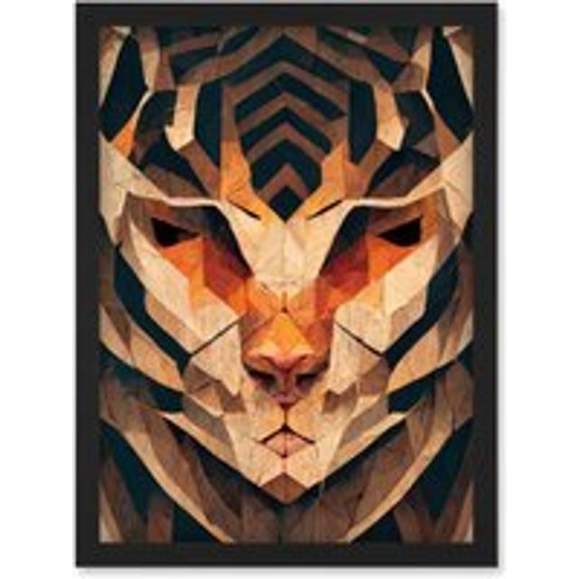 Geometric Tiger Head Wood Carving Artwork Framed Wall Art Print A4 - Black - One Size