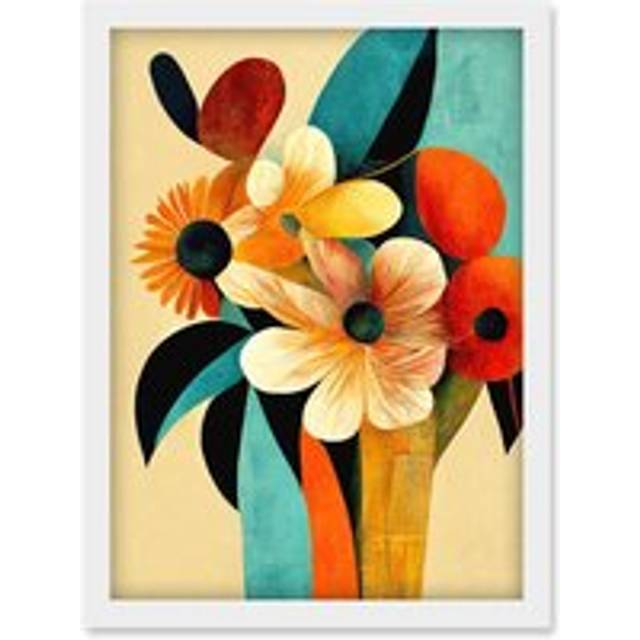 Vibrant Modern Abstract Oil Painting Summer Flower Bouquet Teal Orange Artwork Framed Wall Art Print A4 - White - One Size