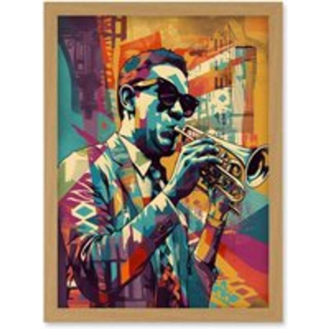 Trumpet Player Jazz Musician with Sunglasses Modern Colour Linocut Print Artwork Framed Wall Art Print A4 - Tan - One Size