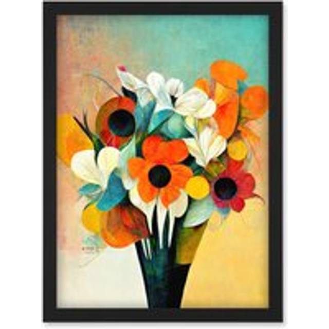 Modern Abstract Oil Paint Vibrant Summer Flower Bouquet In Vase Artwork Framed Wall Art Print A4 - Black - One Size