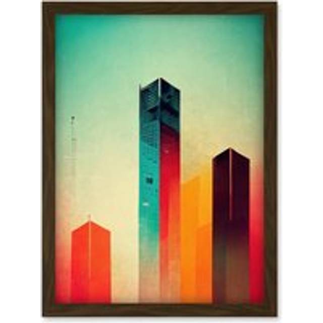 Tower Block Skyscrapers Minimalist Skyline Graphic Design Artwork Framed Wall Art Print A4 - Brown - One Size