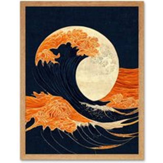 Wall Art Print The Great Wave at Full Moon Modern Japan Seascape Woodblock Art Framed - Tan - W12 inch x H16 inch