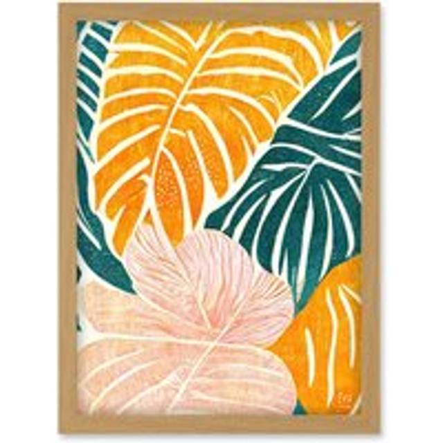 Orange Pastel Pink Green Monstera Plant Leaf Boho Linocut Illustration Artwork Framed Wall Art Print A4 - Brown - One Size