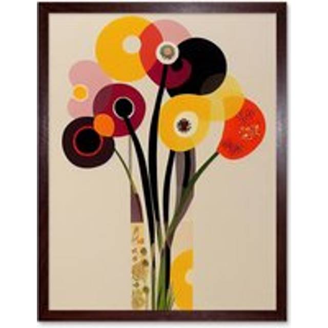 Wall Art Print Abstract Retro Spring Summer Flowers Floral Yellow Burgundy Orange Bouquet Vase Art Framed - Brown - W12 inch x H16 inch