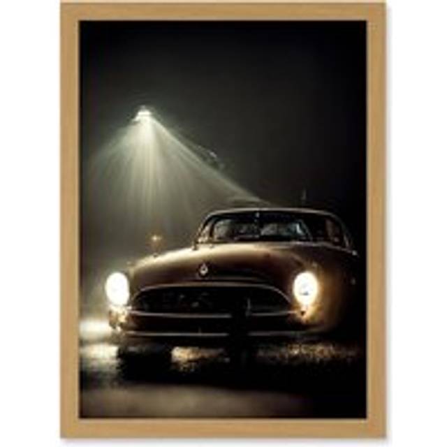 Cinematic Atmospheric Night Shot Of Vintage Car Headlights Artwork Framed Wall Art Print A4 - Tan - One Size