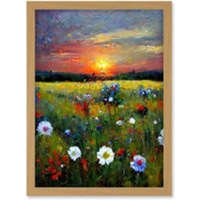Wildflower Floral Landscape Sunrise Oil Artwork Framed Wall Art Print A4 - Tan - One Size