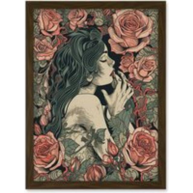 Kiss from a Rose Pastel Red and Green Illustration Artwork Framed Wall Art Print A4 - Brown - One Size