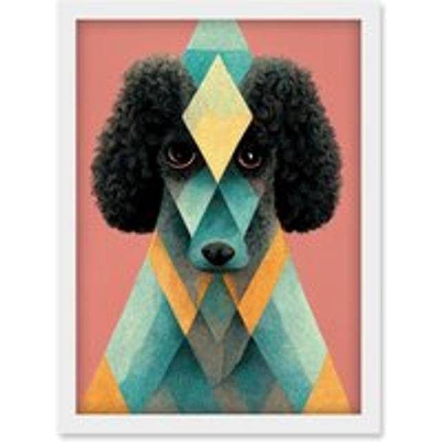 Boho Fun Quirky Geometric Pastel Poodle Dog Artwork Framed Wall Art Print A4 - White - One Size