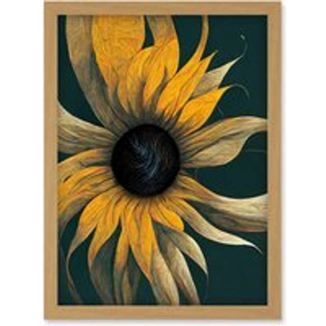 Abstract Modern Sunflower Black Yellow Artwork Framed Wall Art Print A4 - Tan - One Size