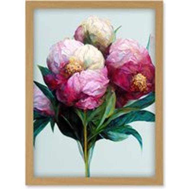 Modern Realistic Pink And White Peony Flowers Artwork Framed Wall Art Print A4 - Tan - One Size