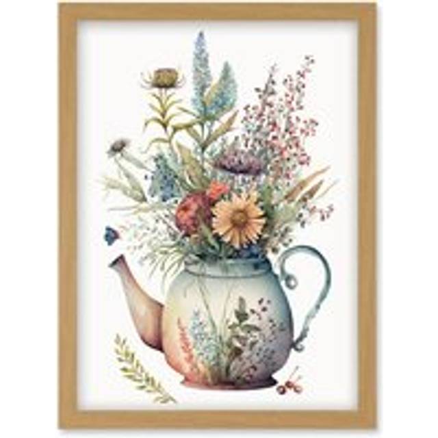 Wildflower Floral Bouquet in China Pattern Teapot Artwork Framed Wall Art Print A4 - Tan - One Size
