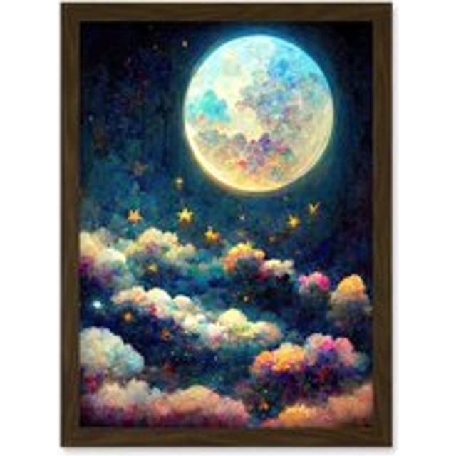 Dreamy Night Sky Moon Stars Colourful Clouds Kids Cute Artwork Framed Wall Art Print A4 - Brown - One Size