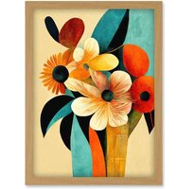 Vibrant Modern Abstract Oil Painting Summer Flower Bouquet Teal Orange Artwork Framed Wall Art Print A4 - Tan - One Size
