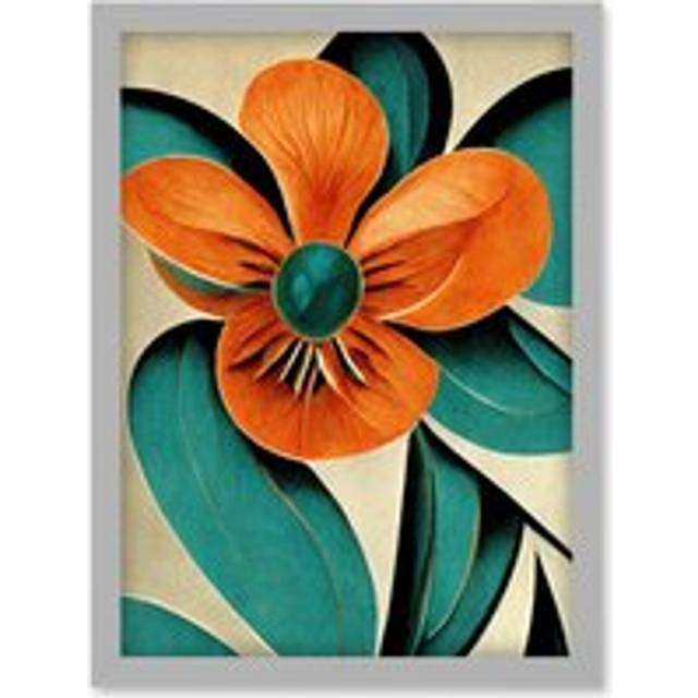 Metropolis Art Deco Poppy Flower Teal Orange Cream Artwork Framed Wall Art Print A4 - Grey - One Size