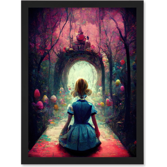 Alice In Wonderland Through Looking Glass Enchanted Pink Forest Artwork Framed Wall Art Print A4 - Black - One Size