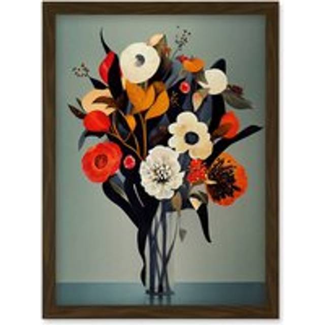 Winter Flower Floral Bouquet Orange Navy Cream Modern Acrylic Paint Artwork Framed Wall Art Print A4 - Brown - One Size