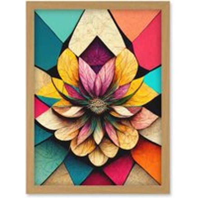 Geometric Floral Mandala Bright Multicoloured Shapes Artwork Framed Wall Art Print A4 - Tan - One Size
