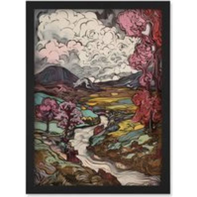 Storm Brewing over River Landscape with Pink Trees Artwork Framed Wall Art Print A4 - Black - One Size