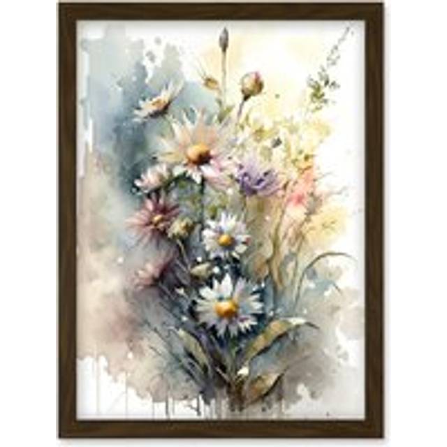 Wild Flower Daisies in Bloom Modern Boho Watercolour Painting Artwork Framed Wall Art Print A4 - Brown - One Size