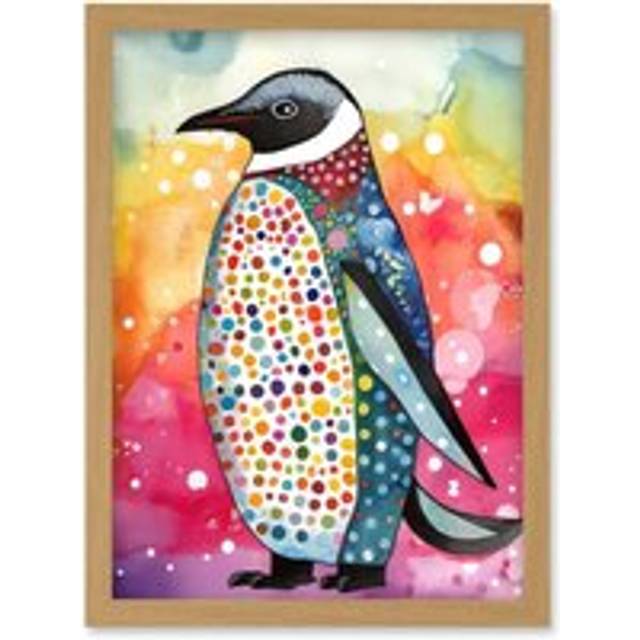 Cute Multicoloured Spot Penguin Folk Art Artwork Framed Wall Art Print A4 - Tan - One Size