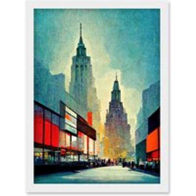 Broadway New York City Cityscape In Blue And Red Artwork Framed Wall Art Print A4 - White - One Size